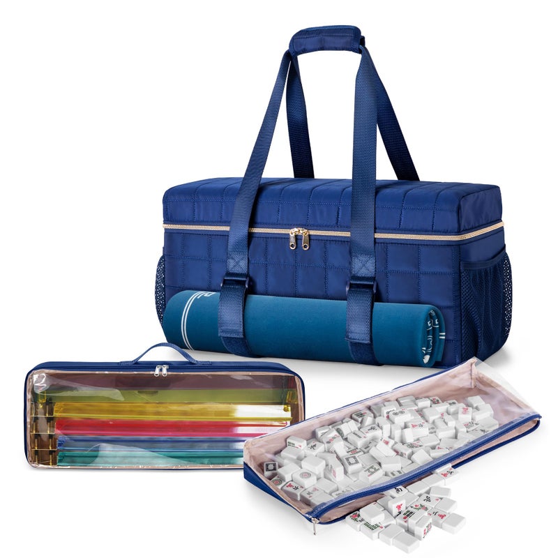 Teamoy 3 Pcs Empty Mahjong Bag, American Mahjong Set Bag with Tiles Bag and Racks & Pushers Bag, Mahjong Tile Set Bag with Game Mat Magic Tape, Dark Blue - Image 1