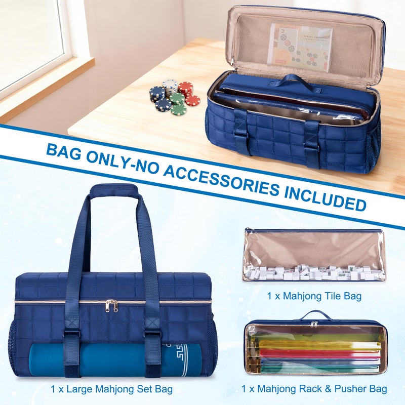 Teamoy 3 Pcs Empty Mahjong Bag, American Mahjong Set Bag with Tiles Bag and Racks & Pushers Bag, Mahjong Tile Set Bag with Game Mat Magic Tape, Dark Blue - Image 3