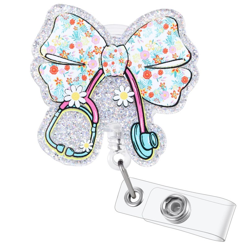BVIIE Cute Floral Bow Stethoscope Doctor Badge Reel | Funny Retractable ID Card Healthcare Badge Holder | Name Tag Medical Badge Clip for RN LPN CNA MA ER Night Shift Nurse Pediatrics Doctor Gifts | Acrylic - Image 1