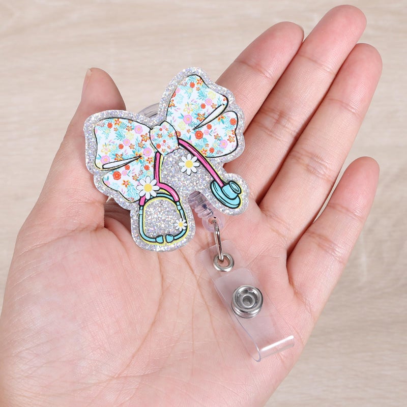 BVIIE Cute Floral Bow Stethoscope Doctor Badge Reel | Funny Retractable ID Card Healthcare Badge Holder | Name Tag Medical Badge Clip for RN LPN CNA MA ER Night Shift Nurse Pediatrics Doctor Gifts | Acrylic - Image 2
