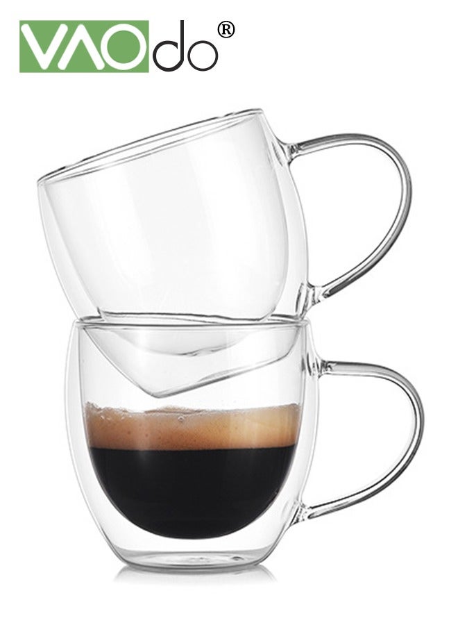 فاو دو 2PCS طبقة مزدوجة كأس ماء الزجاج ، كأس ماء معزول مع مقبض ، أكواب قهوة زجاجية واضحة لعصير القهوة عصير الشاي - Image 2