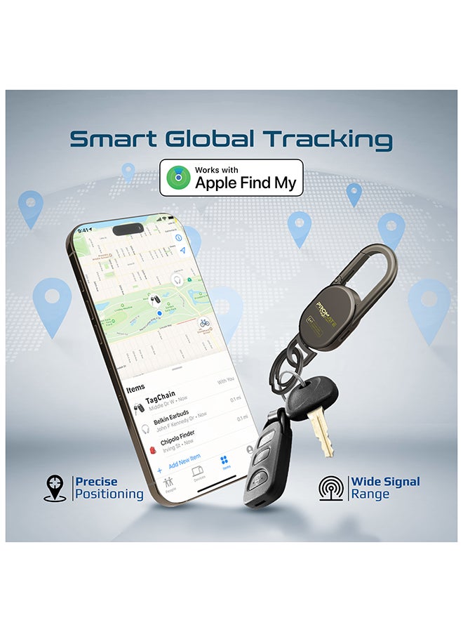 بروميت مفتاح البحث الذكي Promate TagChain مع Apple Find My، مقاوم للماء IP67، بطارية قابلة للشحن، صوت 90dB، مدى 50م، مشبك كارابين ورينغ للحقائب، أطواق الحيوانات الأليفة، المفاتيح، الأمتعة تيتانيوم - Image 2