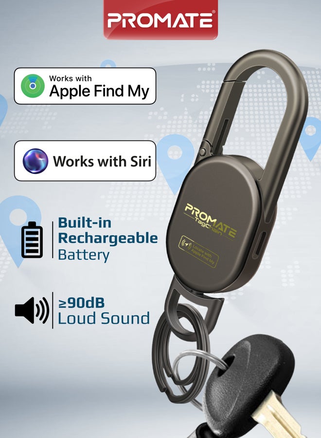 بروميت مفتاح البحث الذكي Promate TagChain مع Apple Find My، مقاوم للماء IP67، بطارية قابلة للشحن، صوت 90dB، مدى 50م، مشبك كارابين ورينغ للحقائب، أطواق الحيوانات الأليفة، المفاتيح، الأمتعة تيتانيوم - Image 1