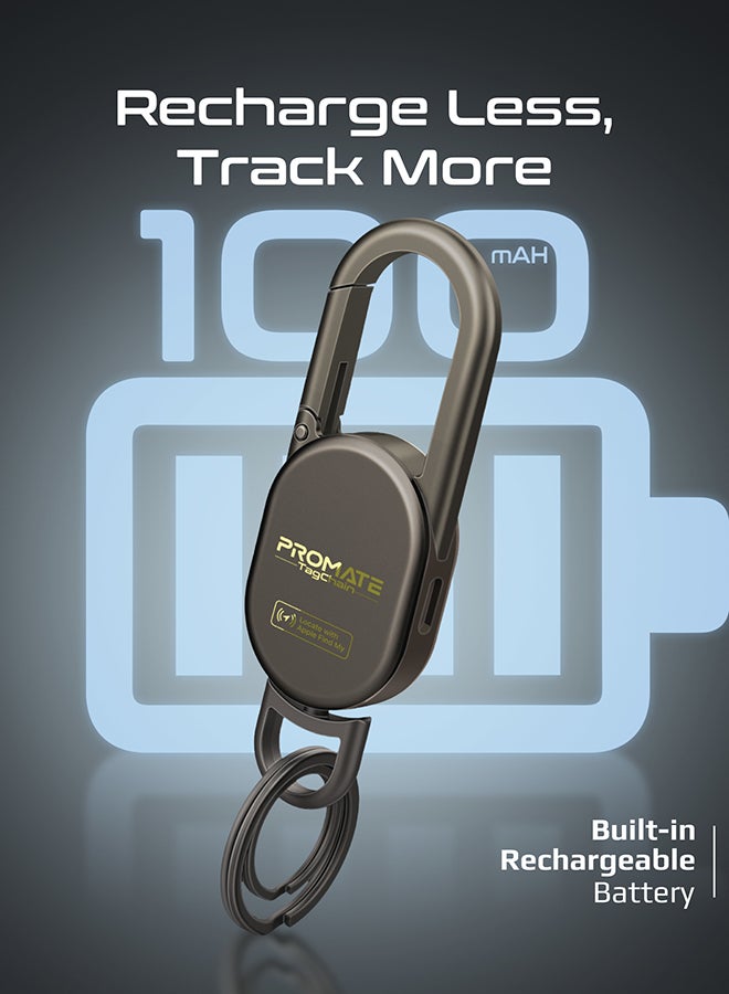 بروميت مفتاح البحث الذكي Promate TagChain مع Apple Find My، مقاوم للماء IP67، بطارية قابلة للشحن، صوت 90dB، مدى 50م، مشبك كارابين ورينغ للحقائب، أطواق الحيوانات الأليفة، المفاتيح، الأمتعة تيتانيوم - Image 3