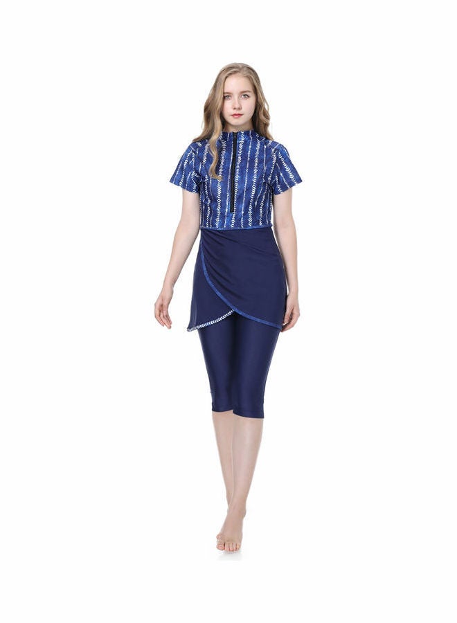 NIBEMINENT Middle Eastern 3-Piece Print Short Sleeve Burkini Set Dark Blue - Image 1