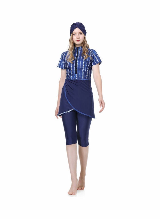 NIBEMINENT Middle Eastern 3-Piece Print Short Sleeve Burkini Set Dark Blue - Image 3