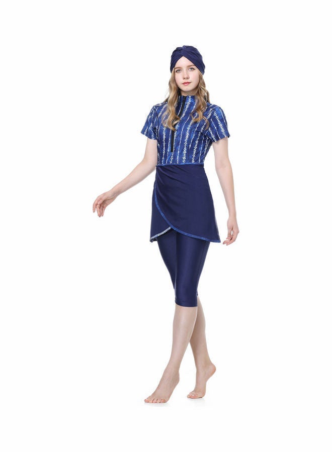 NIBEMINENT Middle Eastern 3-Piece Print Short Sleeve Burkini Set Dark Blue - Image 4