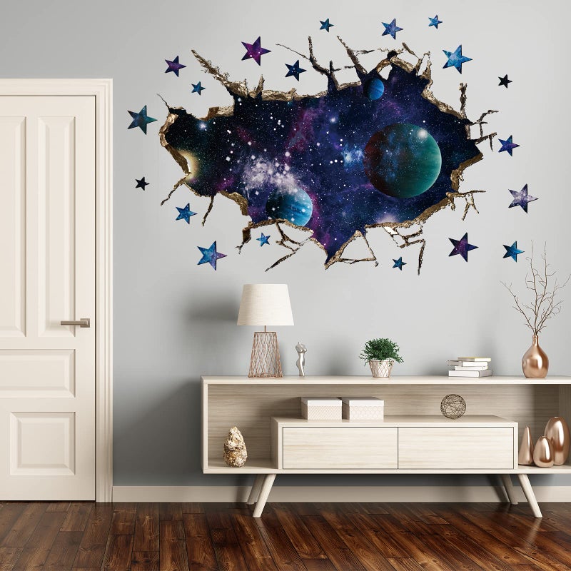 HOLENGS 3D Galaxy Blue Cosmic Milky Way Wall Stickers Outer Space Planets Simulation Crack Hole Decals Starry Sky Decor for Boys Kids Bedroom Living Room Nursery