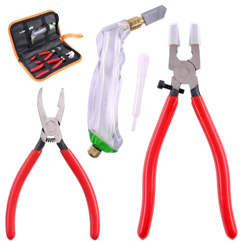 Swpeet 3Pcs Heavy Duty Glass Running Pliers Breaker Grozer Pliers and Grip Oil Feed Glass Cutter Kit Professional Stained Glass Cutting Tool with Extra Rubber Tips Perfect for Stained Glass Work - Image 2