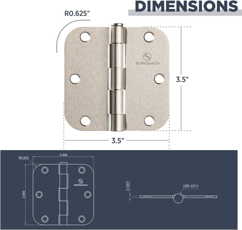 SORGMACH Door Hinges Satin Nickel 3.5 Inch Interior Hinges 5/8" Radius - 12 Pack - Image 5