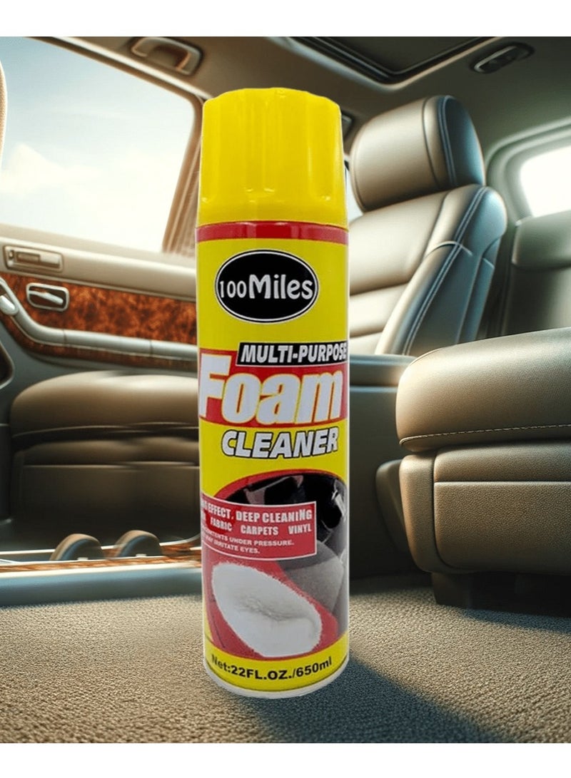 100Miles Multi Purpose Foam Cleaner 650ml Upholstery Carpet Seat Fabric Dashboard Door Panel Interior Cleaner Deep Cleaning Foam for Car Home Office Sofa Mattress Rug Vinyl Trim Stain Care Surface Care Brush Top Applicator Formula . - Image 1