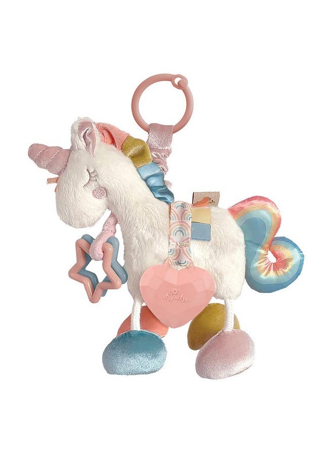 Itzy Ritzy - Itzy Ritzy Link & Love Toy for Stroller or Car Seat; Features Textured Ribbons, Crinkle Sounds, Clinking Rings & Silicone Teether; Designed For Ages 0 Months and Up (Unicorn) - Image 1