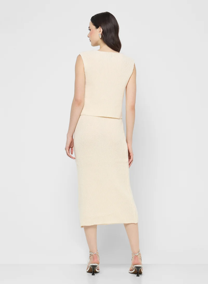 جينجر Knitted Button Down Vest & Skirt Set
