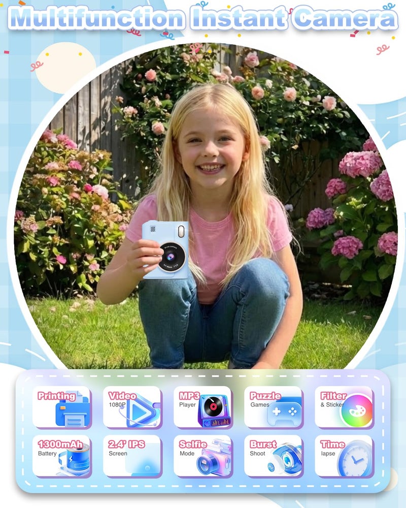 ANBURI Instant Print Camera for Kids, 1080P Instant Digital Print Cameras for Toddler, Portable Toy for 4 5 6 7 8 9 10 Year Old Girl, Christmas Birthday Gifts for Girls Boys with SD Card Blue - Image 2