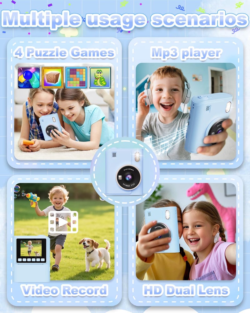 ANBURI Instant Print Camera for Kids, 1080P Instant Digital Print Cameras for Toddler, Portable Toy for 4 5 6 7 8 9 10 Year Old Girl, Christmas Birthday Gifts for Girls Boys with SD Card Blue - Image 3