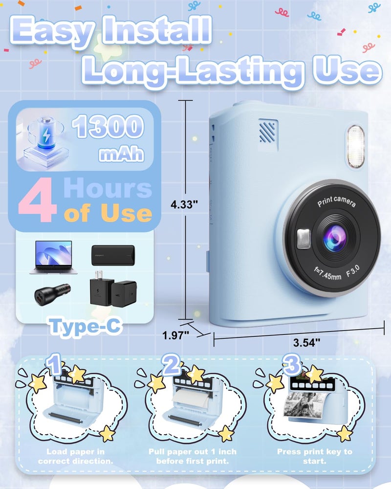 ANBURI Instant Print Camera for Kids, 1080P Instant Digital Print Cameras for Toddler, Portable Toy for 4 5 6 7 8 9 10 Year Old Girl, Christmas Birthday Gifts for Girls Boys with SD Card Blue - Image 4