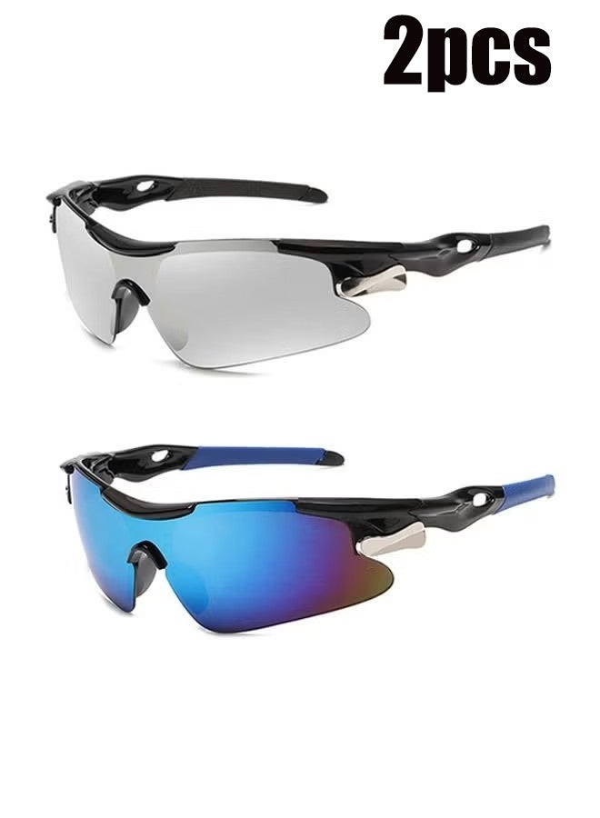 واي جيه 2 قطع النظارات الشمسية الرياضية الحماية من الأشعة فوق البنفسجية نصف الإطار، UV400 سلامة الدراجات المستقطبة النظارات الشمسية الرياضية، نظارات مضادة للنافذة لجولف البيسبول (فضة + زرقاء) - Image 1