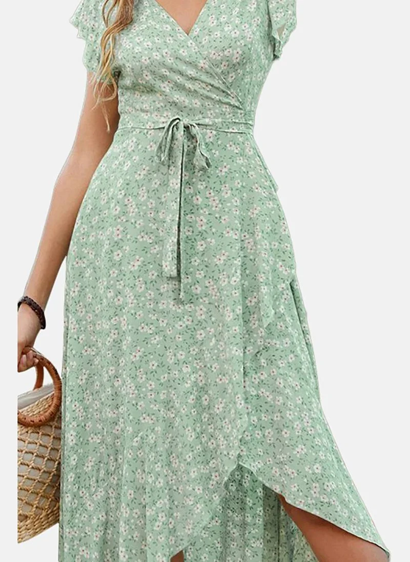 YUNIQEE Green Print Flutter Sleeve Wrap Dress