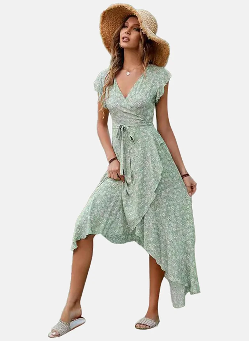YUNIQEE Green Print Flutter Sleeve Wrap Dress