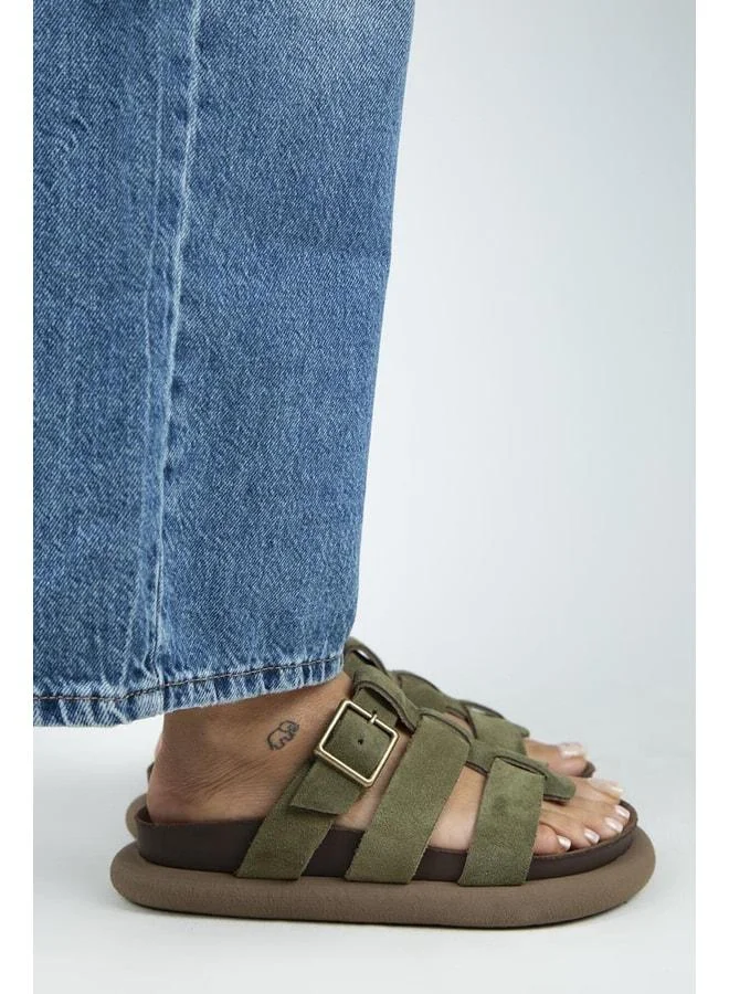 (Hicks) Women's Genuine Leather Buckle Strap Khaki Slippers.
