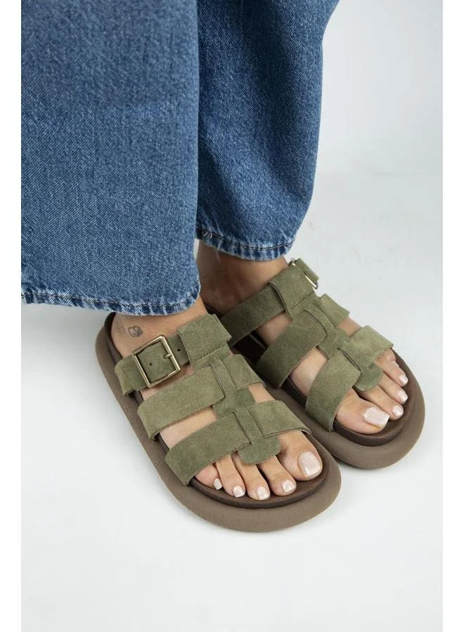 Manijero  (Hicks) Women's Genuine Leather Buckle Strap Khaki Slippers. for Women | Best Price UAE