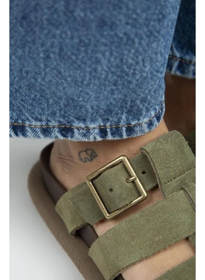 Manijero  (Hicks) Women's Genuine Leather Buckle Strap Khaki Slippers. for Women | Best Price UAE