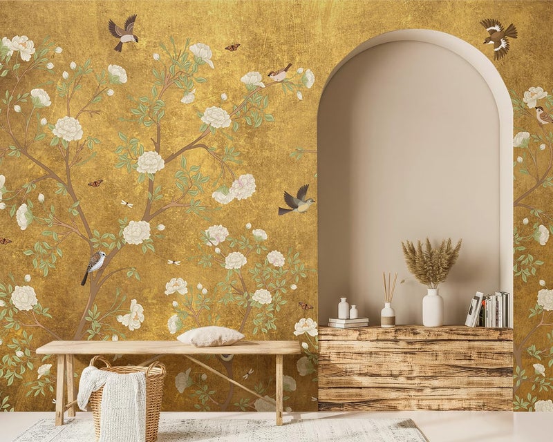 Ausril Plum Blossom Mural Wallpaper, Golden Background Floral Wall Mural, Chinoiserie Bird Flower Mural, Vintage Branches Wallpaper for Living Room, Bedroom, Dinning Room 141"x96"(Not Peel and Stick) - Image 1