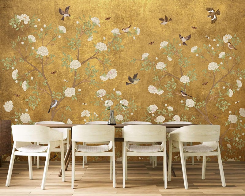 Ausril Plum Blossom Mural Wallpaper, Golden Background Floral Wall Mural, Chinoiserie Bird Flower Mural, Vintage Branches Wallpaper for Living Room, Bedroom, Dinning Room 141"x96"(Not Peel and Stick) - Image 4