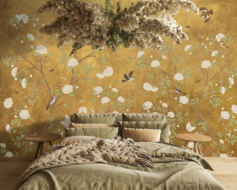 Ausril Plum Blossom Mural Wallpaper, Golden Background Floral Wall Mural, Chinoiserie Bird Flower Mural, Vintage Branches Wallpaper for Living Room, Bedroom, Dinning Room 141"x96"(Not Peel and Stick) - Image 3