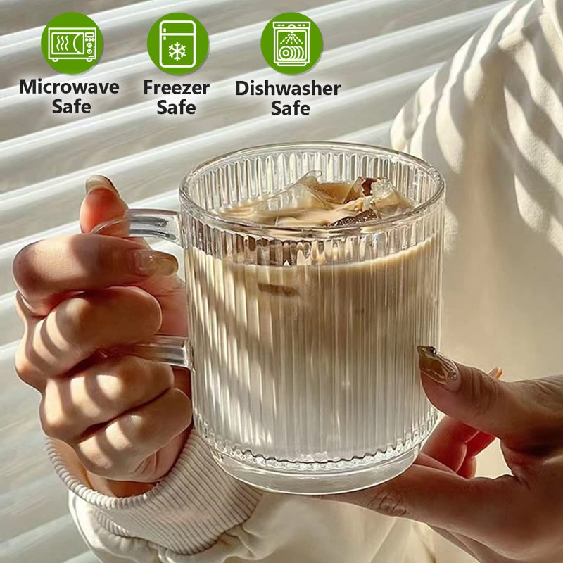 Qipecedm 6 PACK Premium Glass Coffee Mugs with Handle, 12 OZ Classic Vertical Stripes Glass Coffee Cups, Transparent Tea Cup for Hot/Cold Beverages, Glassware Set for Americano, Latte, Cappuccino - Image 4