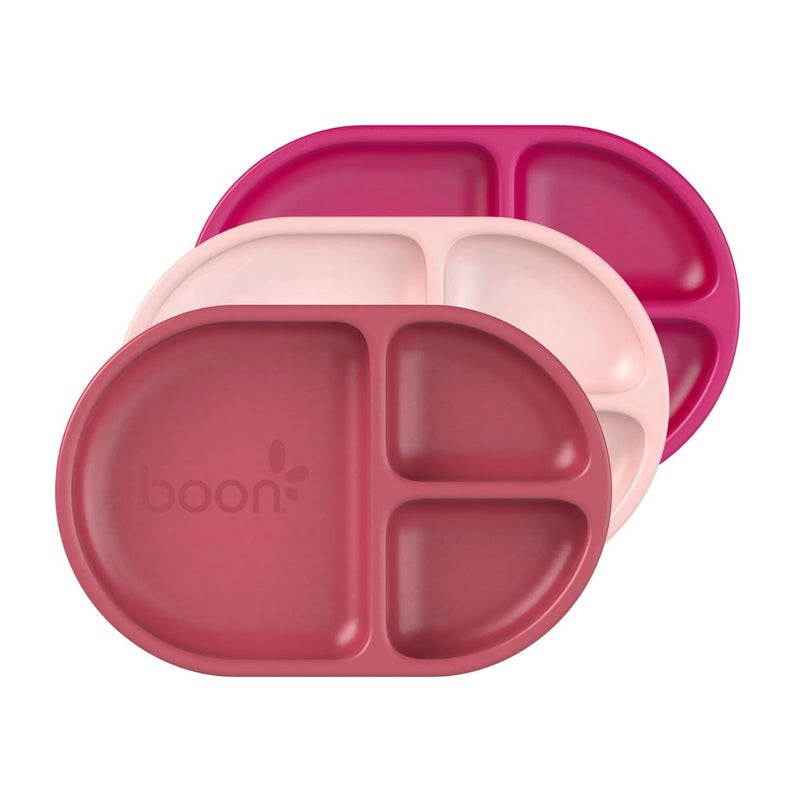 Boon CHOW Silicone Plate Set 3 Unbreakable Divided Toddler Plates Baby Plates for 6 Months and Up Baby Led Weaning Supplies Pink Multicolor