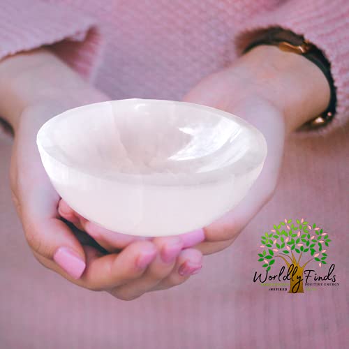 Worldly Finds Selenite Crystal Smudge Bowl 4 Inch, 6 Sizes, Hand-Carved, Moroccan Crystal Holder to Charge, Cleanse Crystals, Charging, Smudging Bowl, Spiritual Gifts, Wicca Supplies (4" Large) - Image 2
