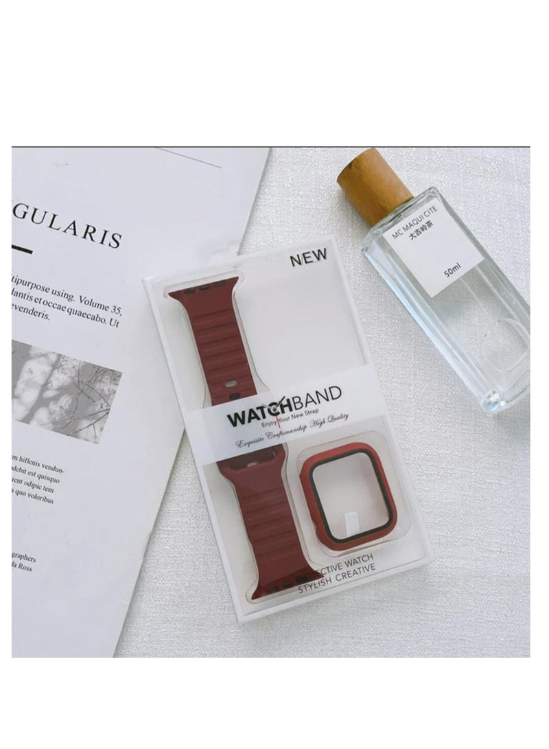 Adjustable Silicone Sport Watch Band with Anti-Shock Protection Screen for Watch series 1,2,3,4,5,6,7 49mm dark red