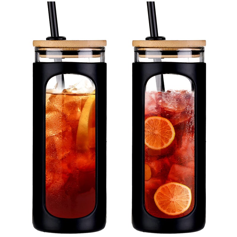 Kodrine 20oz Glass Tumbler with Straw and Lid Bamboo Lids Water Bottle Reusable Iced Coffee Cups Wide Mouth Smoothie Cup with Protective Silicone Sleeve BPA FREEBlack2pack