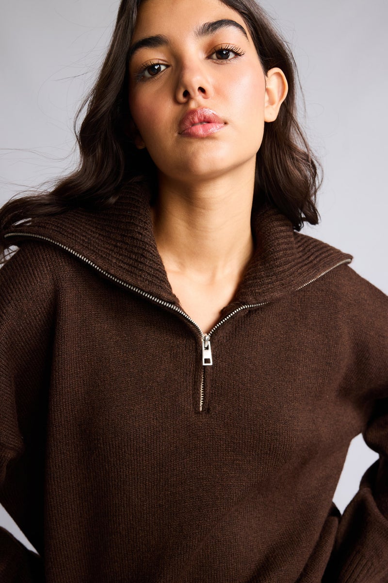 DeFacto Brown Woman Regular Fit Half Zip Turtleneck Pullover Casual - Image 1