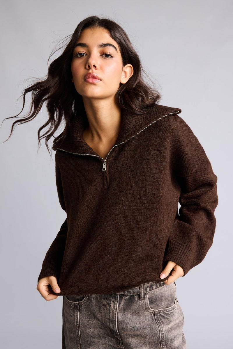 DeFacto Brown Woman Regular Fit Half Zip Turtleneck Pullover Casual - Image 3