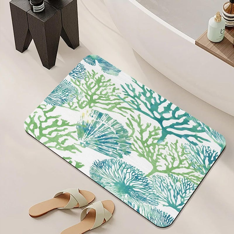 Ocean Bathroom Rug, Coastal Beach Bath Mat, Teal Coral Seashell Bathmats, Sea Nautical Rug for Bathroom, Non Slip Floor Mat, Bathmat Absorbent & Washable & Quick Dry, 24x36 inch - Image 2