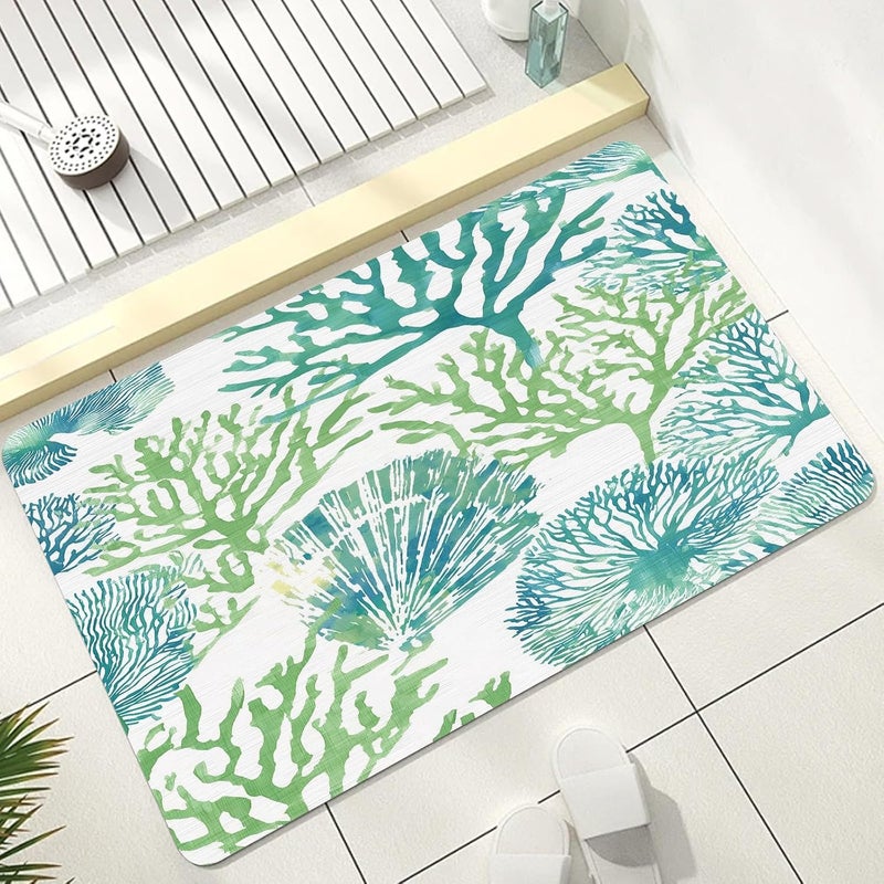 Ocean Bathroom Rug, Coastal Beach Bath Mat, Teal Coral Seashell Bathmats, Sea Nautical Rug for Bathroom, Non Slip Floor Mat, Bathmat Absorbent & Washable & Quick Dry, 24x36 inch - Image 1