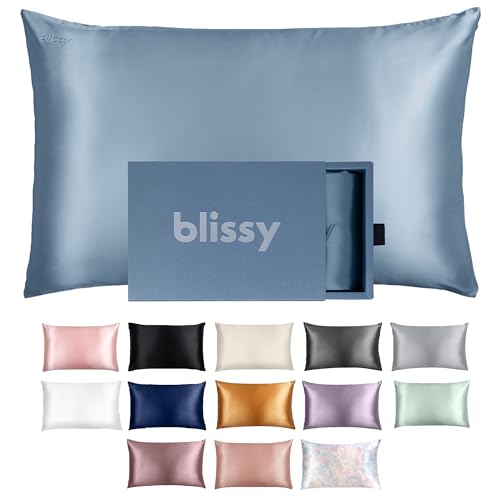 Blissy Silk Pillowcase - 100% Pure Mulberry Silk - 22 Momme 6A High-Grade Fibers - Silk Pillow Cover for Hair & Skin - Regular, Queen & King (Ash Blue, King) - Image 1