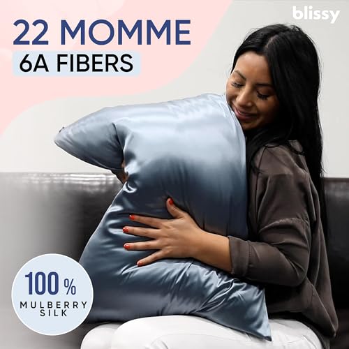 Blissy Silk Pillowcase - 100% Pure Mulberry Silk - 22 Momme 6A High-Grade Fibers - Silk Pillow Cover for Hair & Skin - Regular, Queen & King (Ash Blue, King) - Image 2