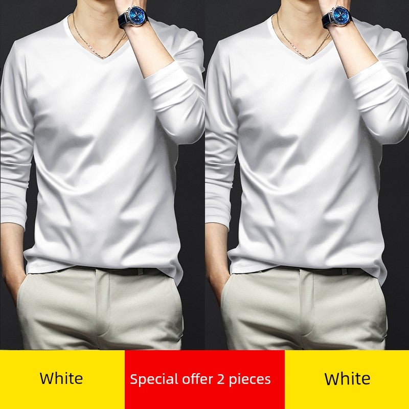 High-end modal long-sleeved t-shirt men's V-neck solid white inner wear New  base shirt autumn clothes small shirt thin style - Image 3