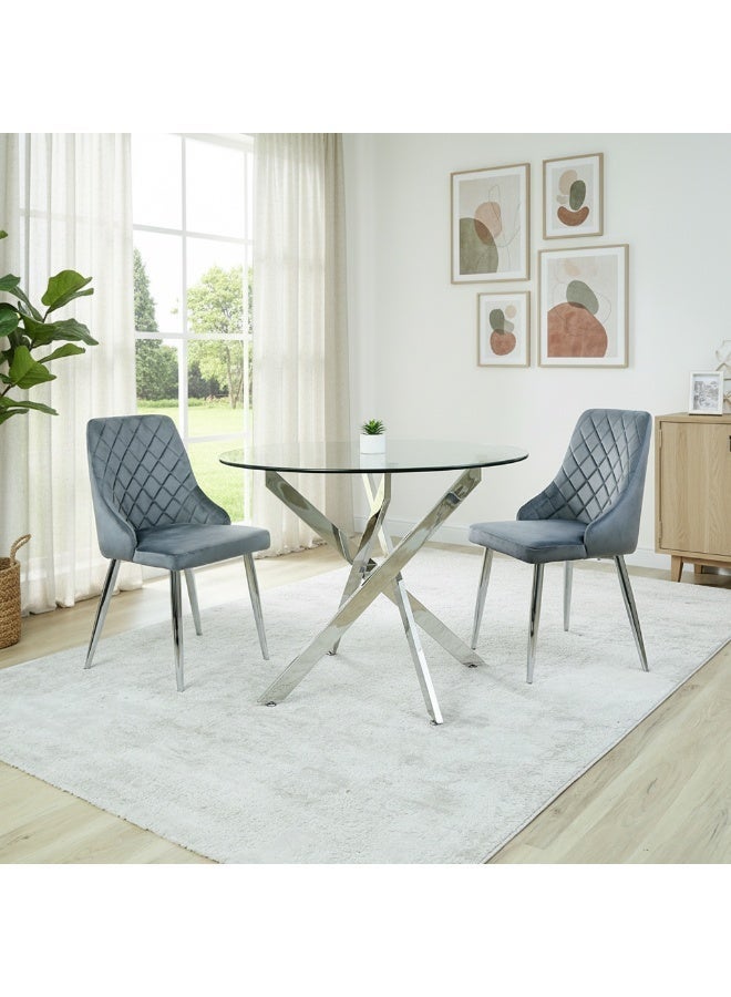 VANITY LIVING Round Dining Table Set, Modern Davos Chrome Frame and Glass Top Dinner Breakfast Table + 2 Milan Grey Velvet Dining Chairs for Kitchen and Dining Room - Image 1