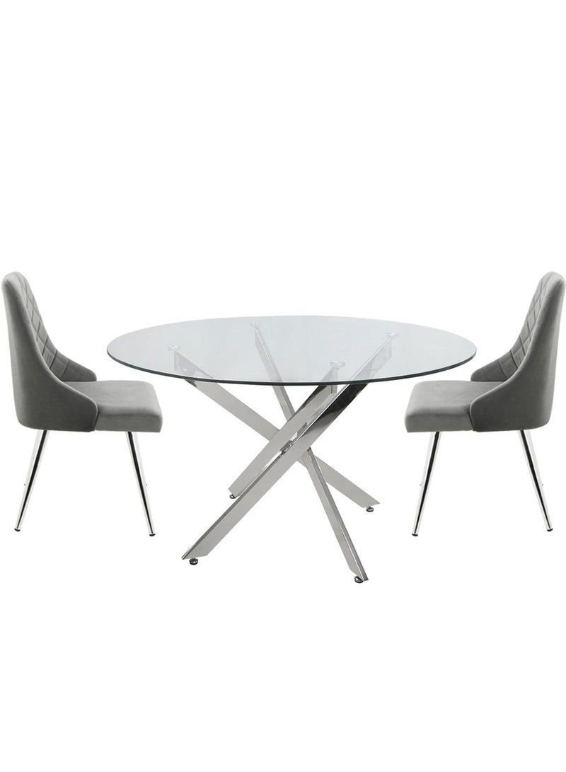 VANITY LIVING Round Dining Table Set, Modern Davos Chrome Frame and Glass Top Dinner Breakfast Table + 2 Milan Grey Velvet Dining Chairs for Kitchen and Dining Room - Image 3