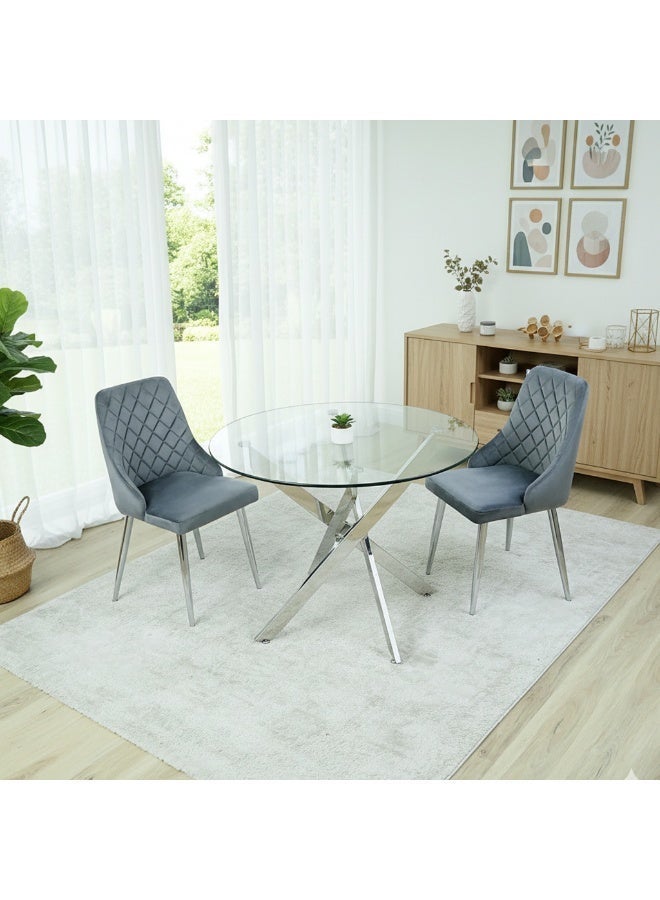 VANITY LIVING Round Dining Table Set, Modern Davos Chrome Frame and Glass Top Dinner Breakfast Table + 2 Milan Grey Velvet Dining Chairs for Kitchen and Dining Room - Image 2