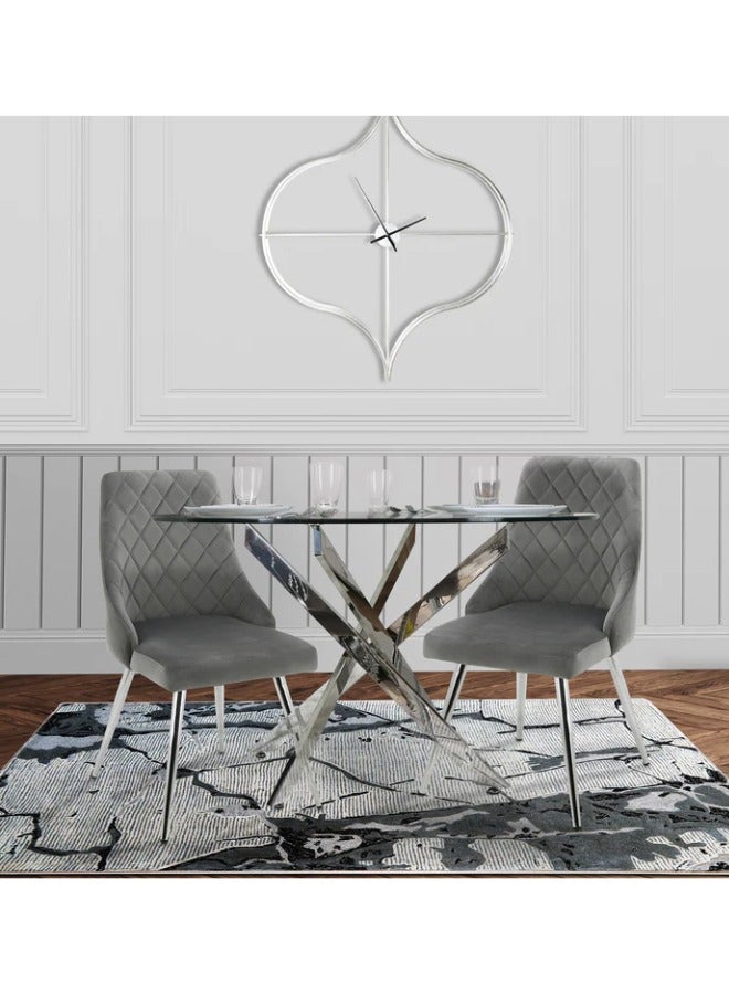 VANITY LIVING Round Dining Table Set, Modern Davos Chrome Frame and Glass Top Dinner Breakfast Table + 2 Milan Grey Velvet Dining Chairs for Kitchen and Dining Room - Image 1