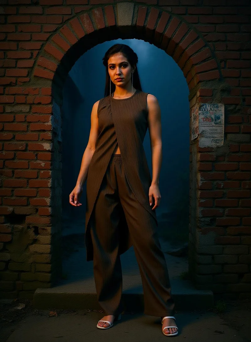 QISSA Qissa Women's Taupe Brown Textured Wrap Kurta With Trousers For Ethnic Wear | Round Neck, Sleeveless | Solid Textured Fabric | 2 Piece Kurta Set Designed For Casual & Evening Wear