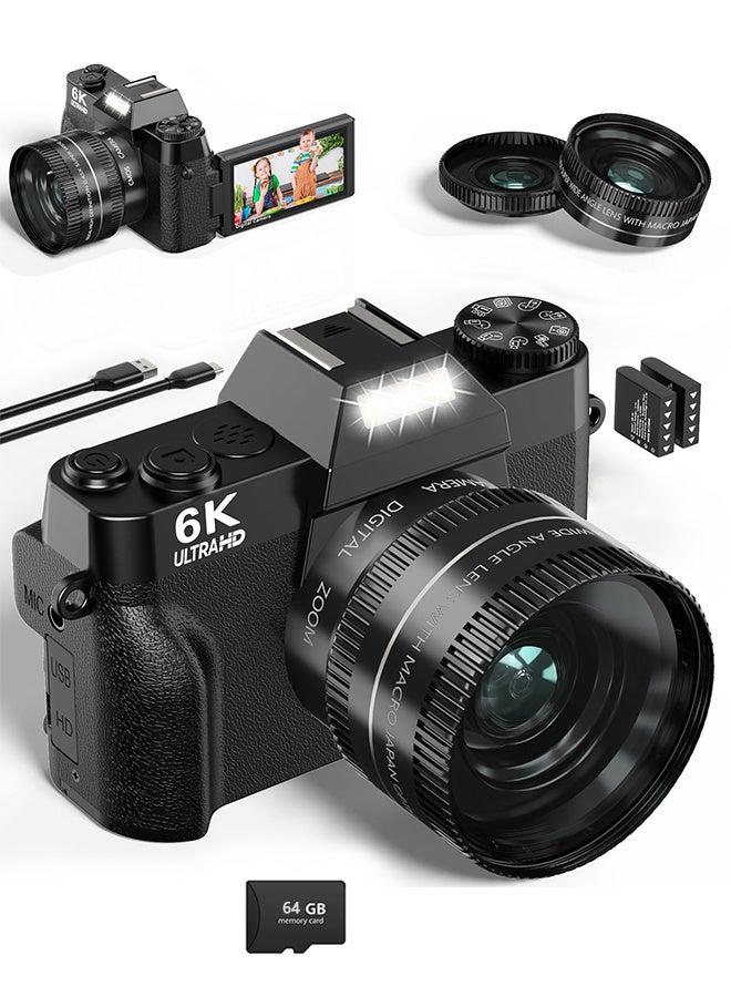 كاميرا رقمية 6K شاشة IPS مقاس 3.0 بوصة للتصوير الفوتوغرافي والفيديو والتركيز التلقائي، عدسة 52 مم، مضادة للاهتزاز، كاميرا فيديو يوتيوب بدقة 64 ميجابكسل، شاشة قلابة 180 درجة، كاميرا واي فاي مع فلاش، التركيز التلقائي، مع عدسة، مع بطاقة TF سعة 64 جيجابايت، بطاريتان - Image 2