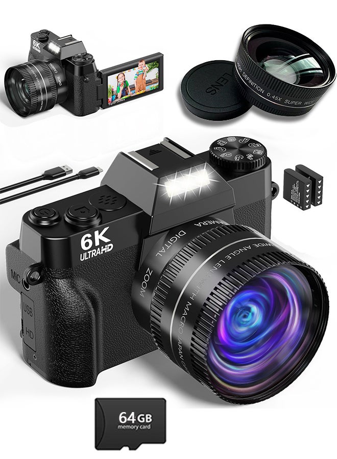 كاميرا رقمية 6K شاشة IPS مقاس 3.0 بوصة للتصوير الفوتوغرافي والفيديو والتركيز التلقائي، عدسة 52 مم، مضادة للاهتزاز، كاميرا فيديو يوتيوب بدقة 64 ميجابكسل، شاشة قلابة 180 درجة، كاميرا واي فاي مع فلاش، التركيز التلقائي، مع عدسة، مع بطاقة TF سعة 64 جيجابايت، بطاريتان - Image 1