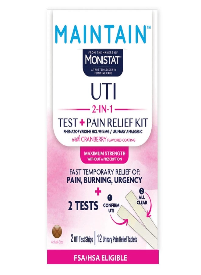 Monistat Maintain UTI 2-in-1 Test & Pain Relief Kit, 2 Test Strips & 12 Urinary Pain Relief Tablets, 2 Minute Results and Maximum Strength Pain, Burning and Urgency Relief - Image 1
