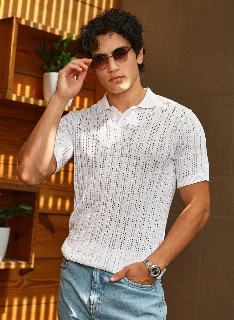 كامبوس سوترا Men's Chalk White Panelled-Knit Polo T-Shirt For Casual Wear | Polo Neck | Short Cuffed Sleeves | Half-Button Closure | T-Shirt Crafted With Comfort Fit For Everyday Wear